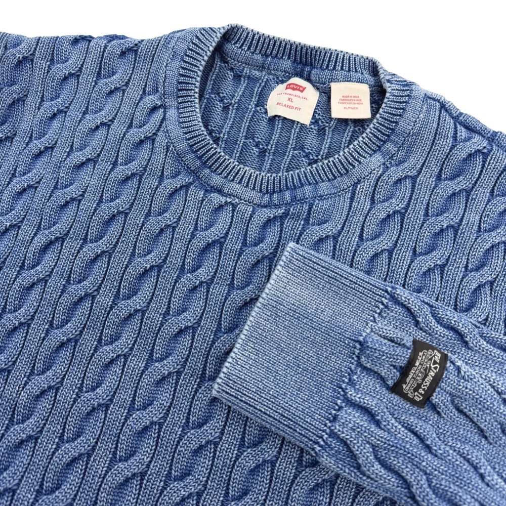 Levis Sweater Men XL Blue Cable Knit Crewneck Relaxed Fit Indigo Wash Cotton